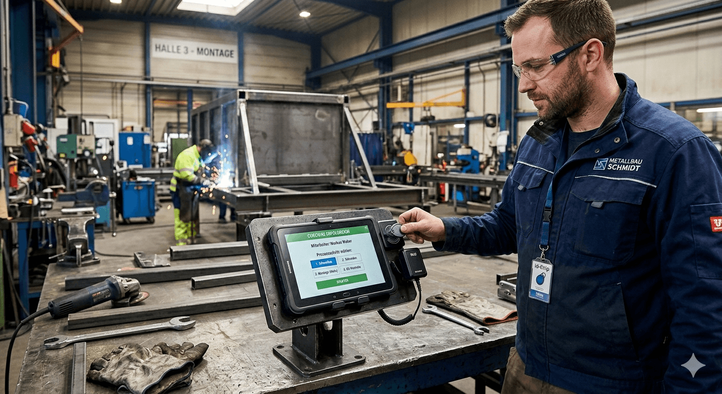 Mitarbeiter im Maschinenbau an Industriemaschine